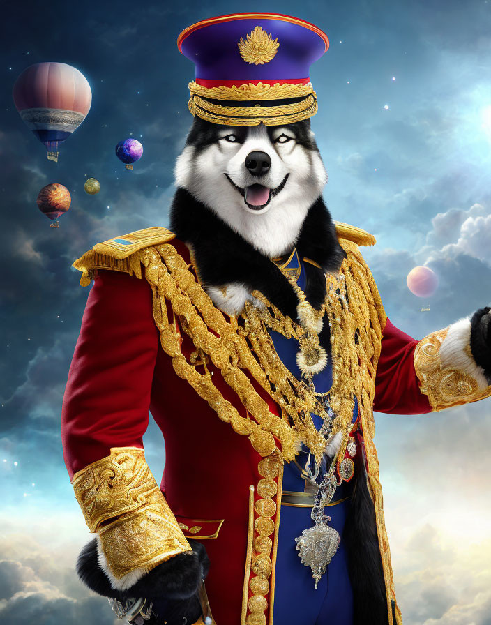 Anthropomorphic dog in military uniform with whimsical sky backdrop