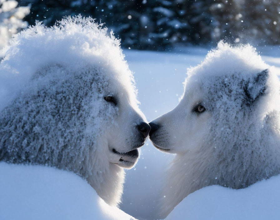 Fluffy white dogs touching noses in snowy landscape