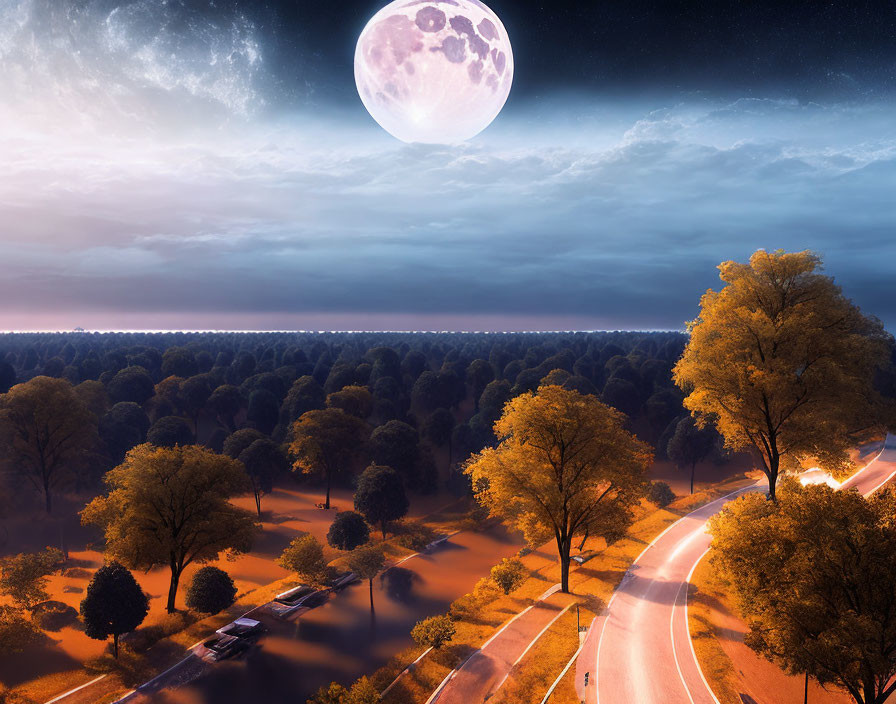 Large Moon Over Forest with Winding Road at Night