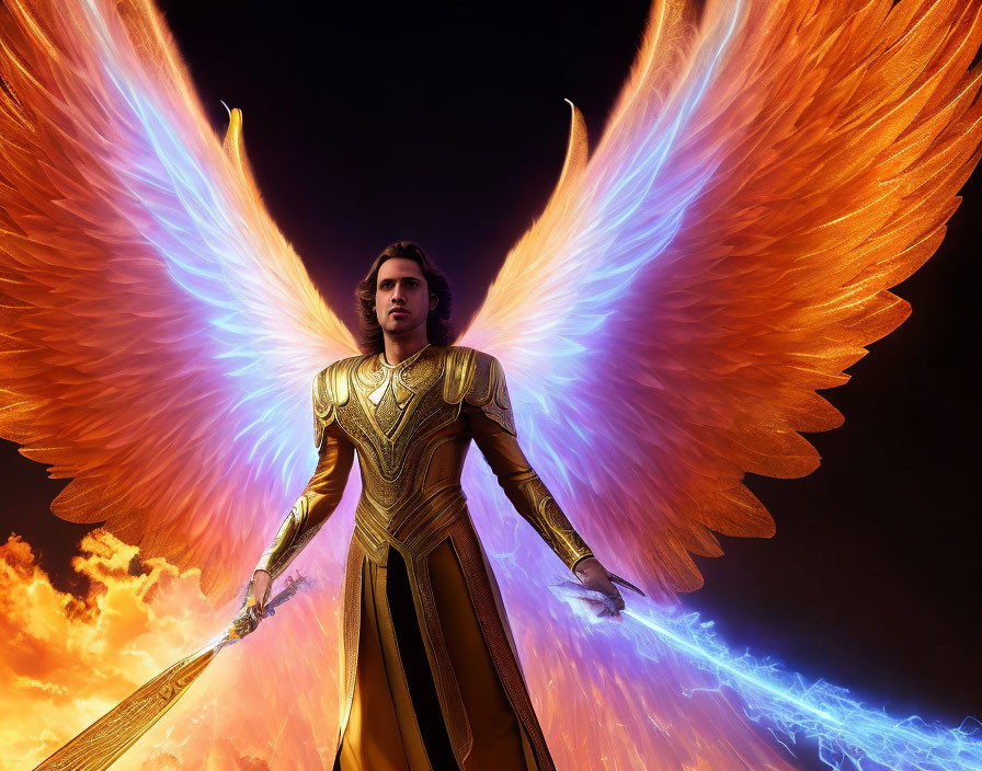 Golden-armored figure with angelic wings and lightning sword in dramatic sky.