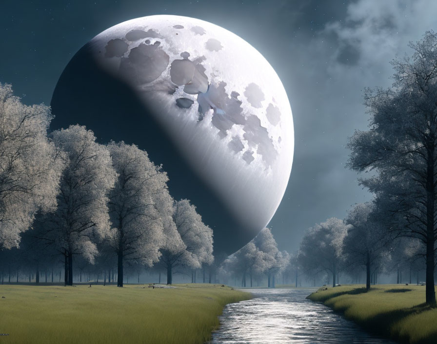 Surreal landscape with large moon over tranquil river and trees