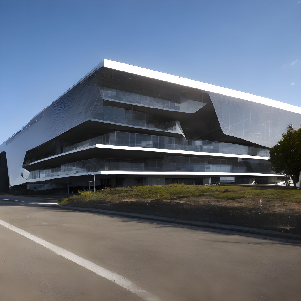 Modern multi-tiered building with angular design and glass facade under clear blue sky