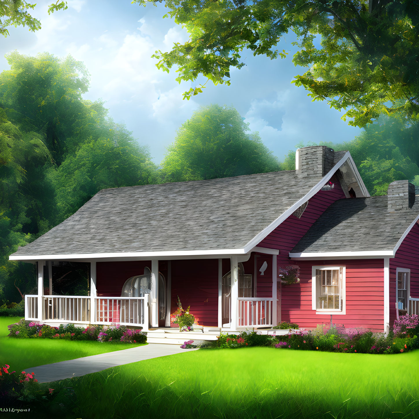 Pink House with White Trim and Covered Porch in Lush Green Setting