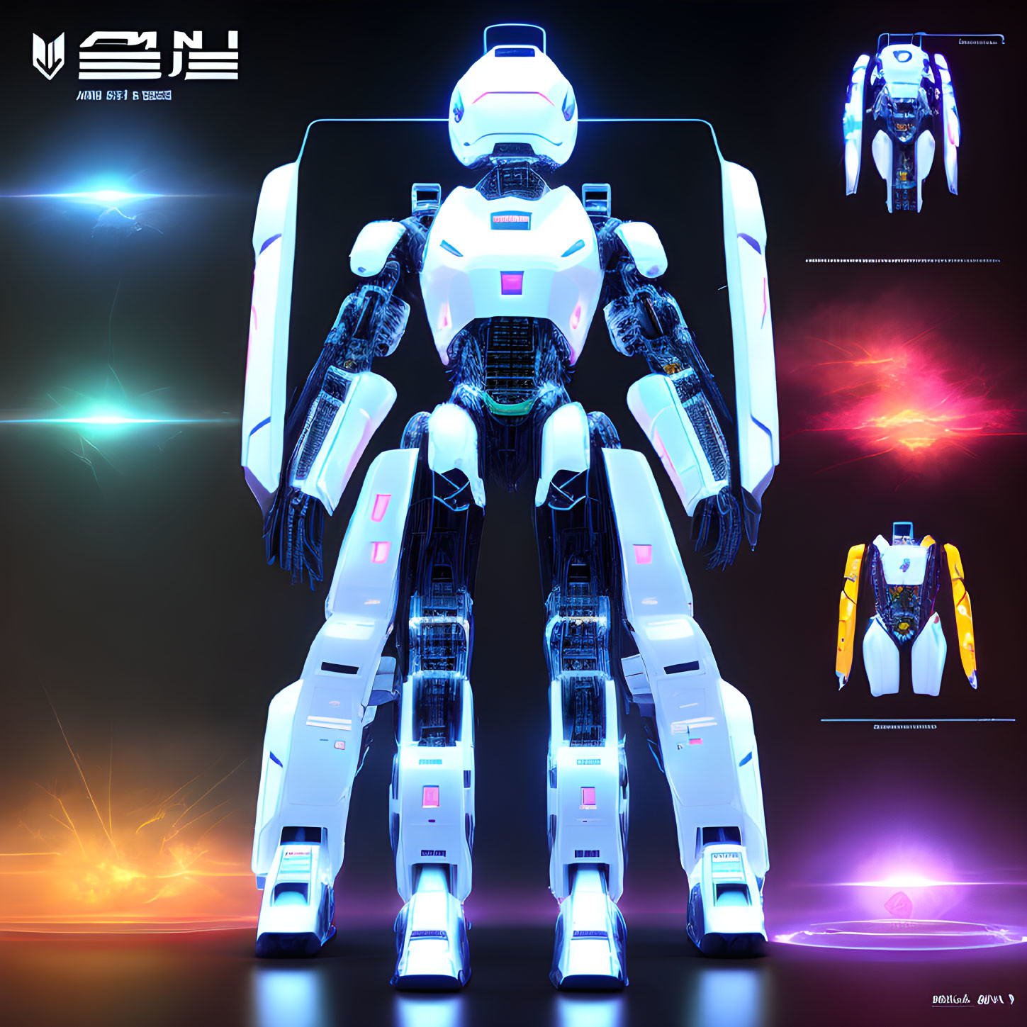 Futuristic white and blue humanoid robot in dynamic pose on neon-lit background