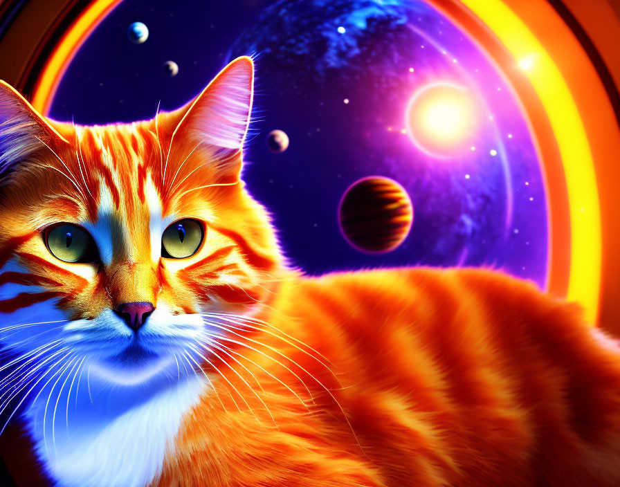 Orange Tabby Cat with Intense Yellow Eyes in Cosmic Background
