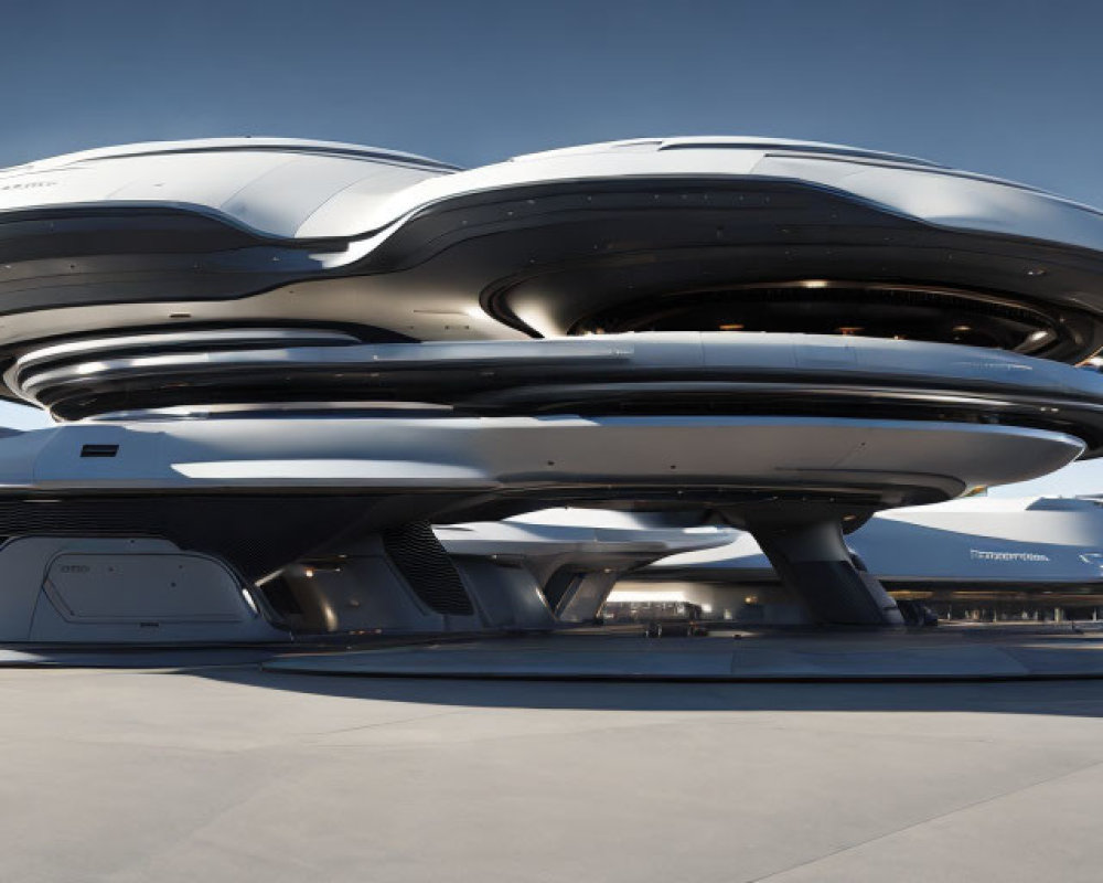 Sleek, multi-tiered futuristic building under clear blue sky