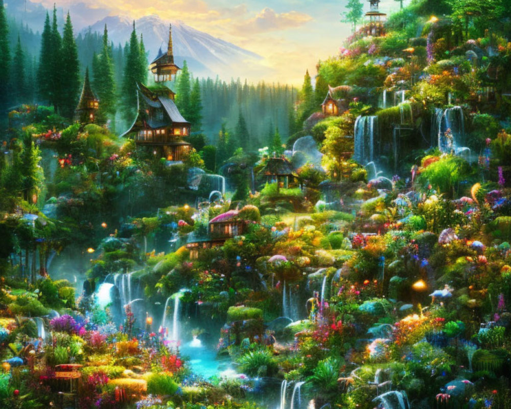 Fantasy landscape with waterfalls, gardens, and pagodas in lush forest