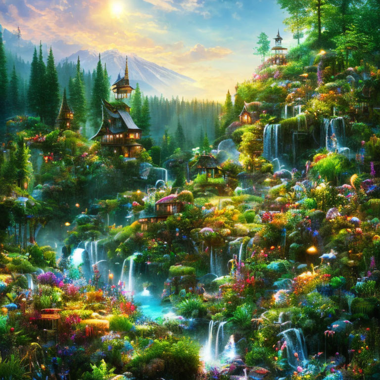 Fantasy landscape with waterfalls, gardens, and pagodas in lush forest