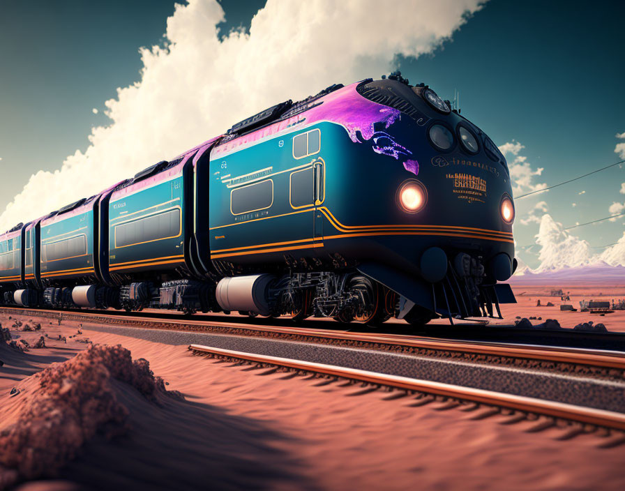 Sleek Blue Futuristic Train in Desert Landscape