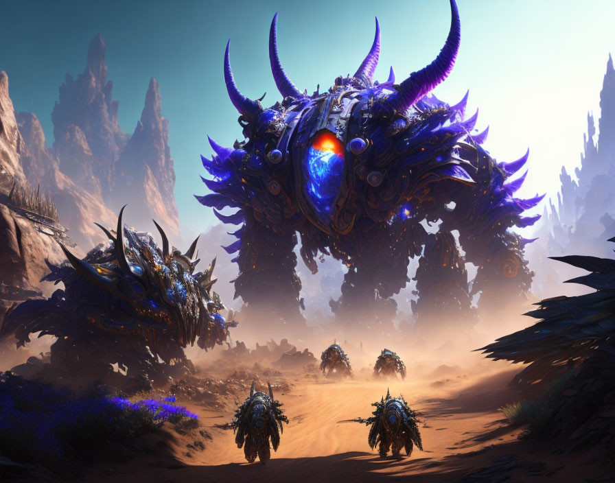 Futuristic armored creatures with horns in rocky desert landscape