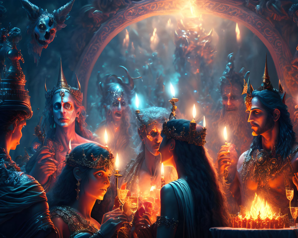 Mystical gathering with ornate attire, candles, blue and orange tones