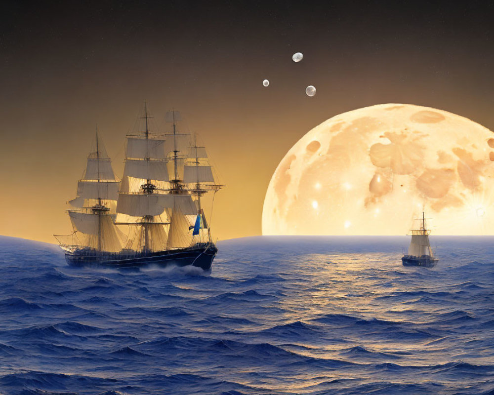 Sailing ships on rough sea under moonlit sky