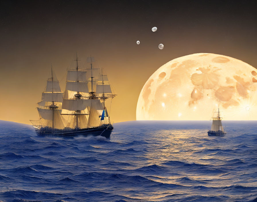 Sailing ships on rough sea under moonlit sky