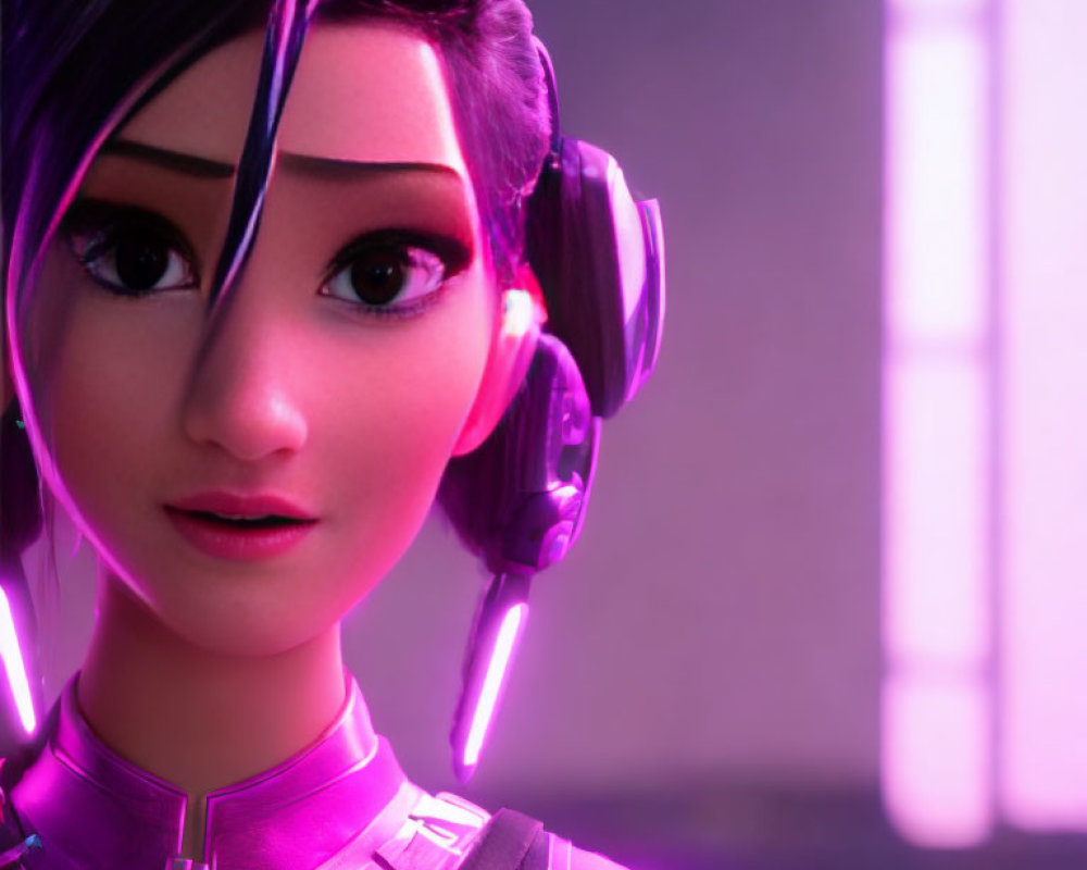 Futuristic 3D Female Character in Purple Armor and Headphones