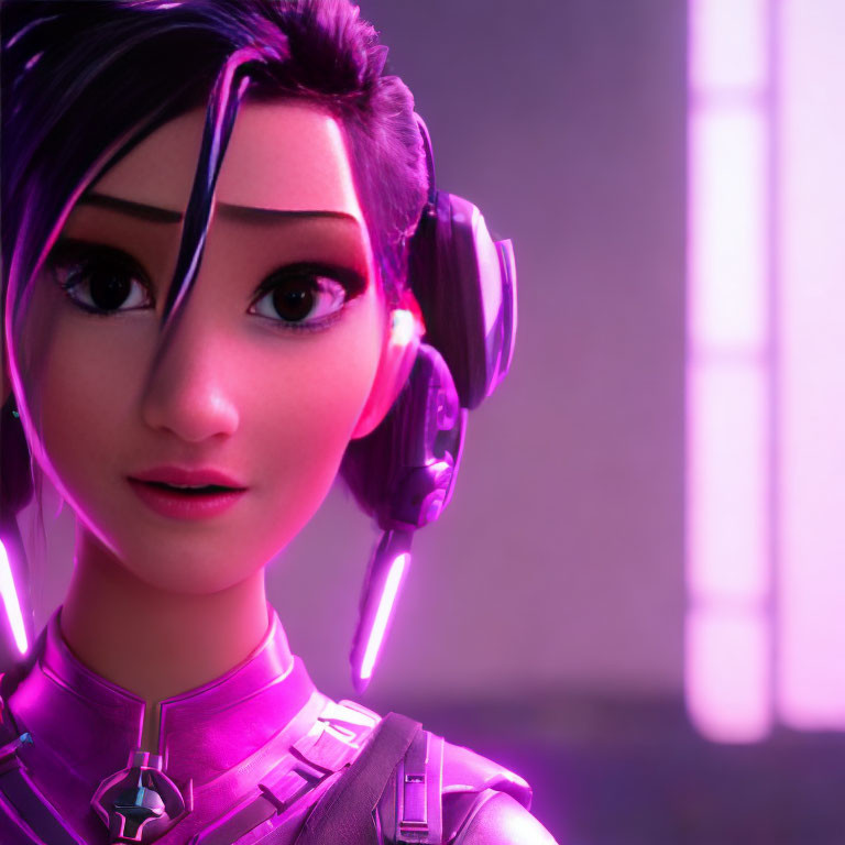 Futuristic 3D Female Character in Purple Armor and Headphones