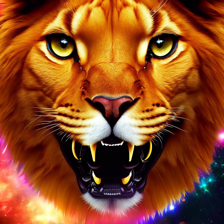 Detailed lion face illustration with intense yellow eyes and fiery mane on cosmic background