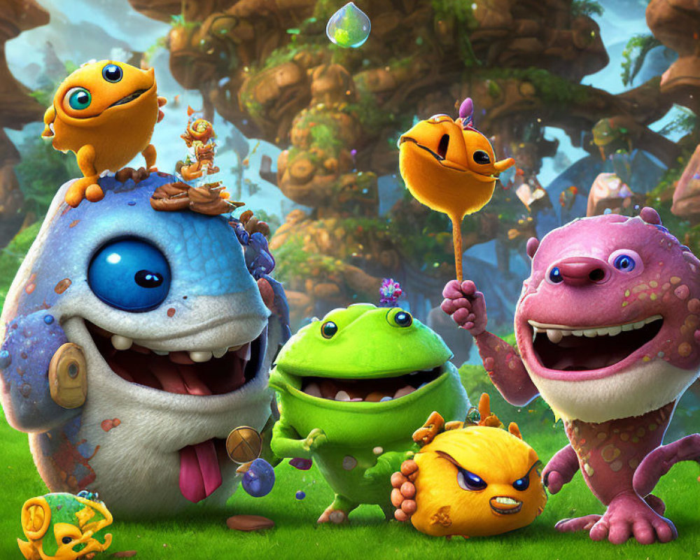 Vibrant forest scene with colorful cartoon monsters and crystal in bubbles