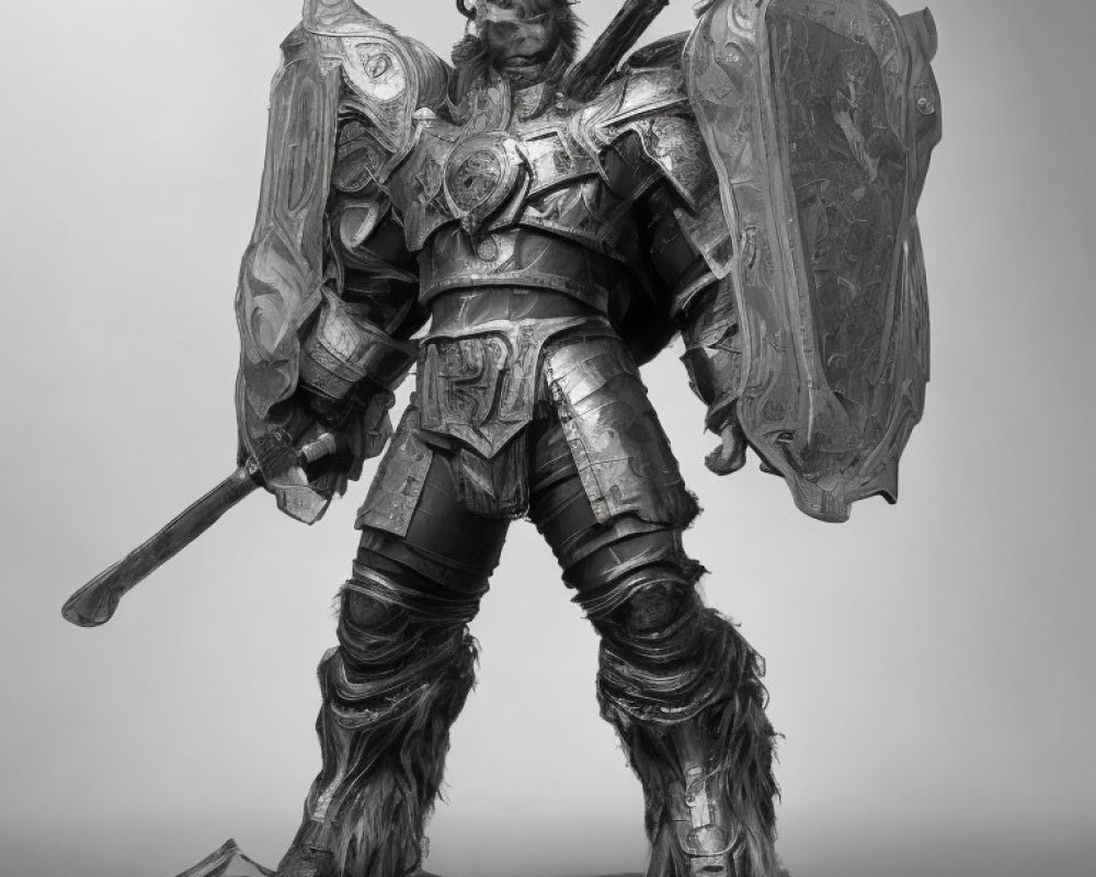 Monochromatic digital artwork of armored fantasy warrior with shield and hammer