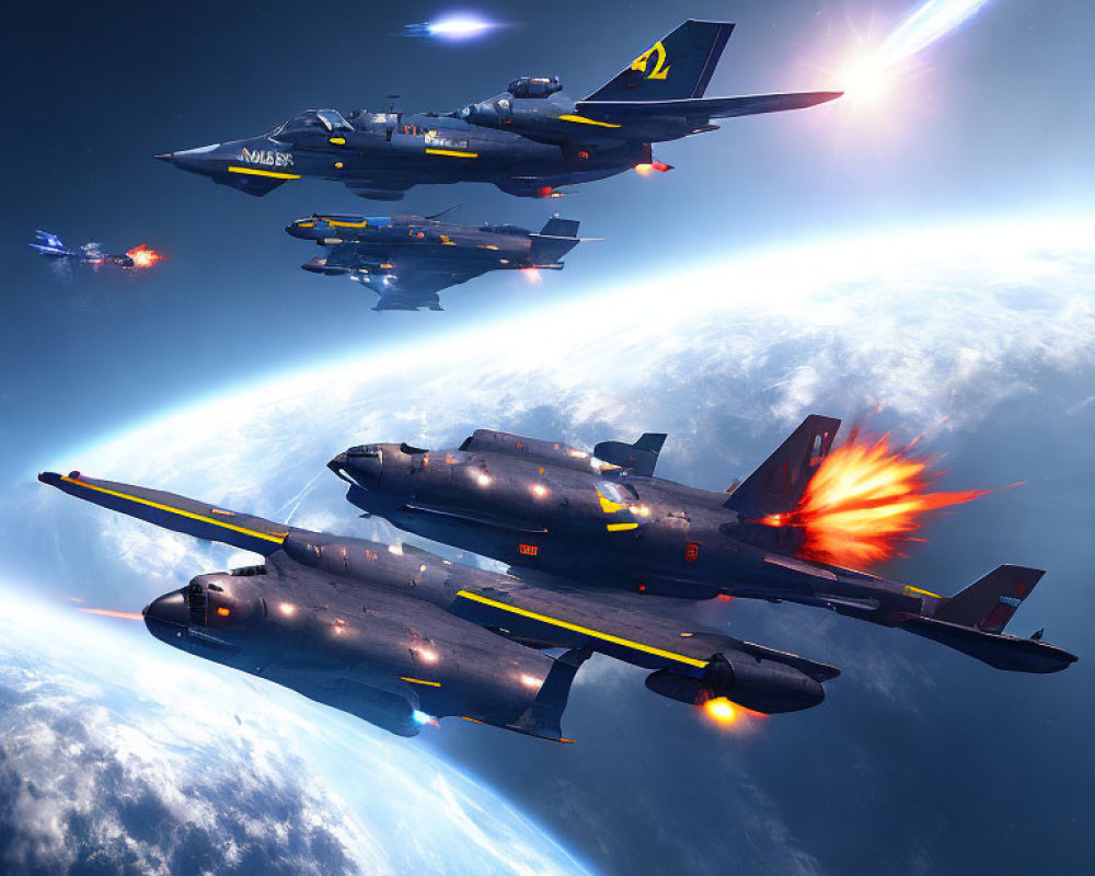 Futuristic fighter jets in space with afterburners firing