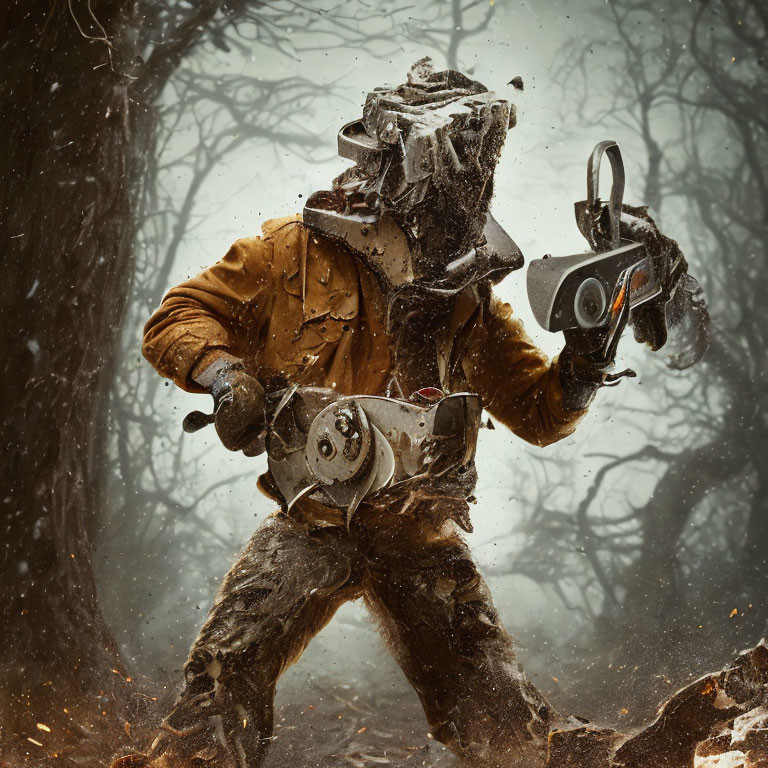 Person in Mud-covered Yellow Jacket with Chainsaw in Misty Forest