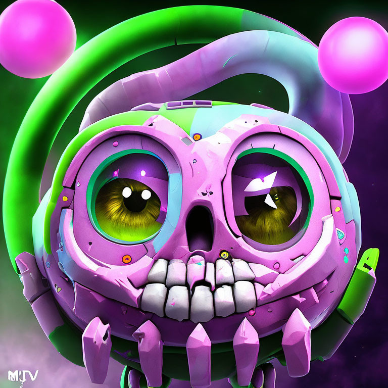 Colorful digital artwork: stylized robotic skull with yellow eyes, neon green headphones, pink accents