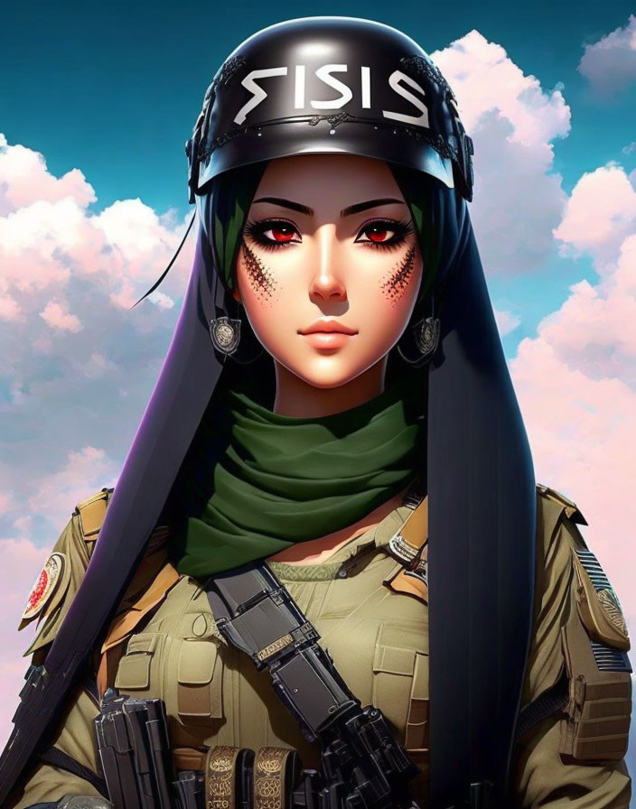 Digital portrait of a woman in green hijab and military gear with "SISI" helmet,