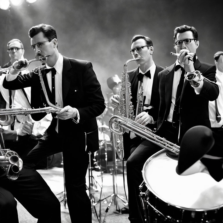 Monochrome photo of energetic jazz band with saxophonists in foreground