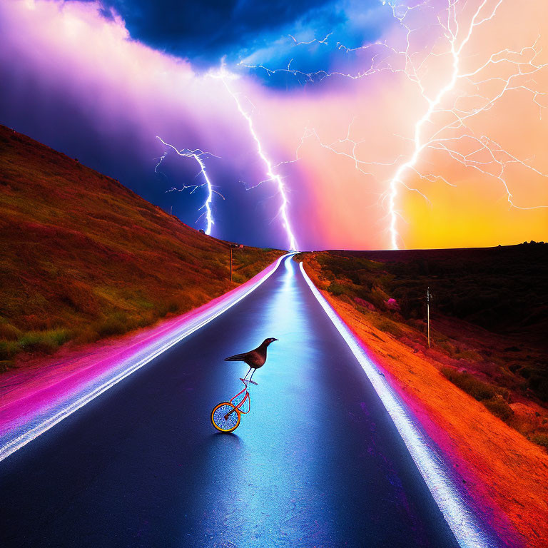 Bird on miniature bicycle under vibrant sky with lightning strikes