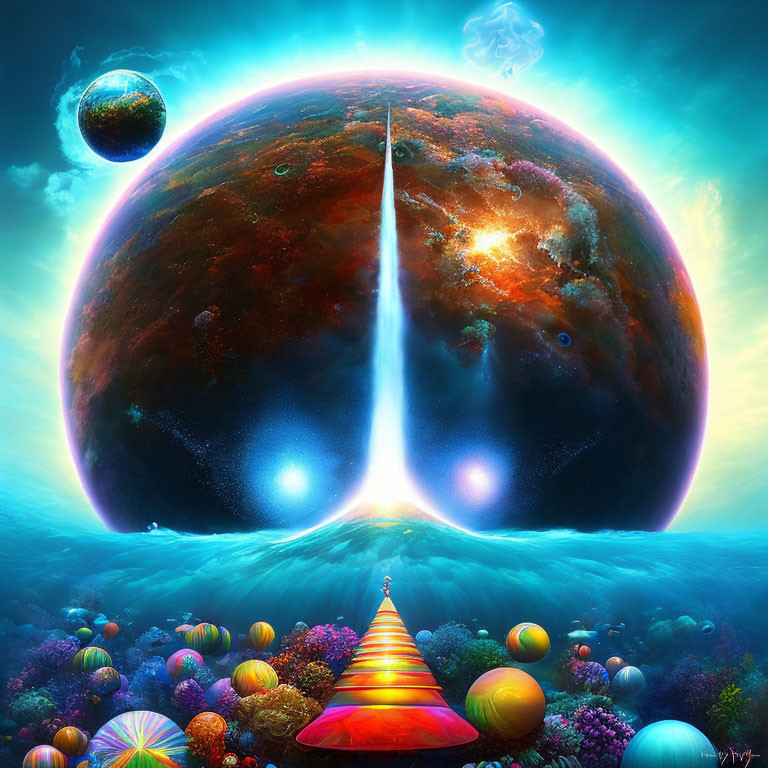 Vibrant planet hovers over colorful orbs and pyramid in vivid landscape