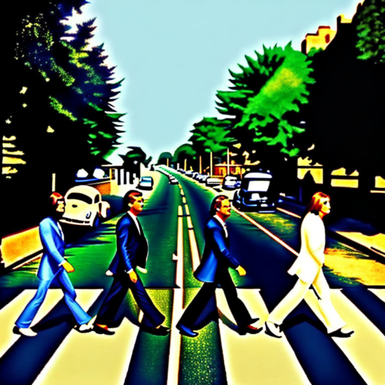 Four Men in Suits Crossing Street on Colorful Zebra Crossing