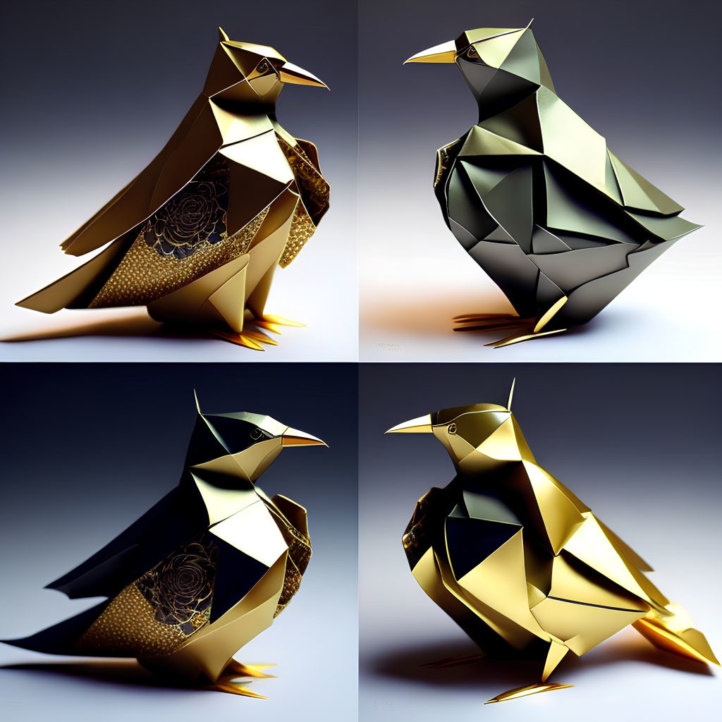 Polygonal Gold and Black Penguin Sculpture with Intricate Patterns on Gradient Backdrop