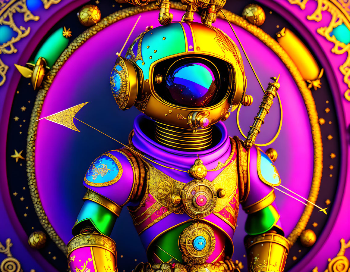 Golden ornate astronaut in cosmic backdrop with purple tones