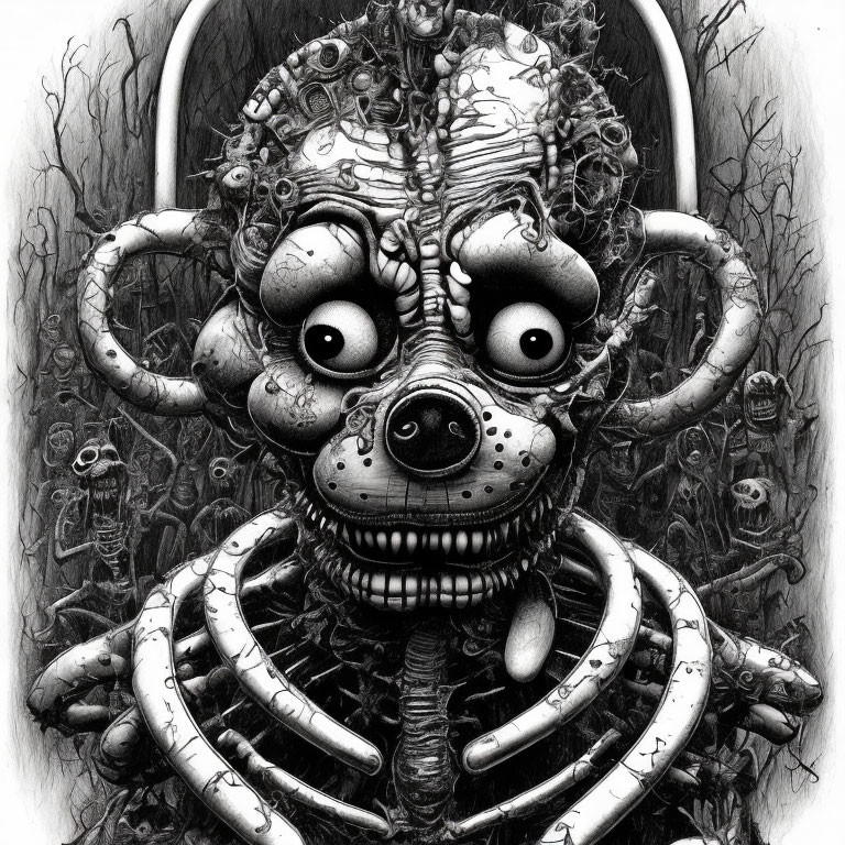 Detailed Monochrome Illustration of Surreal Grotesque Monkey with Multiple Eyes