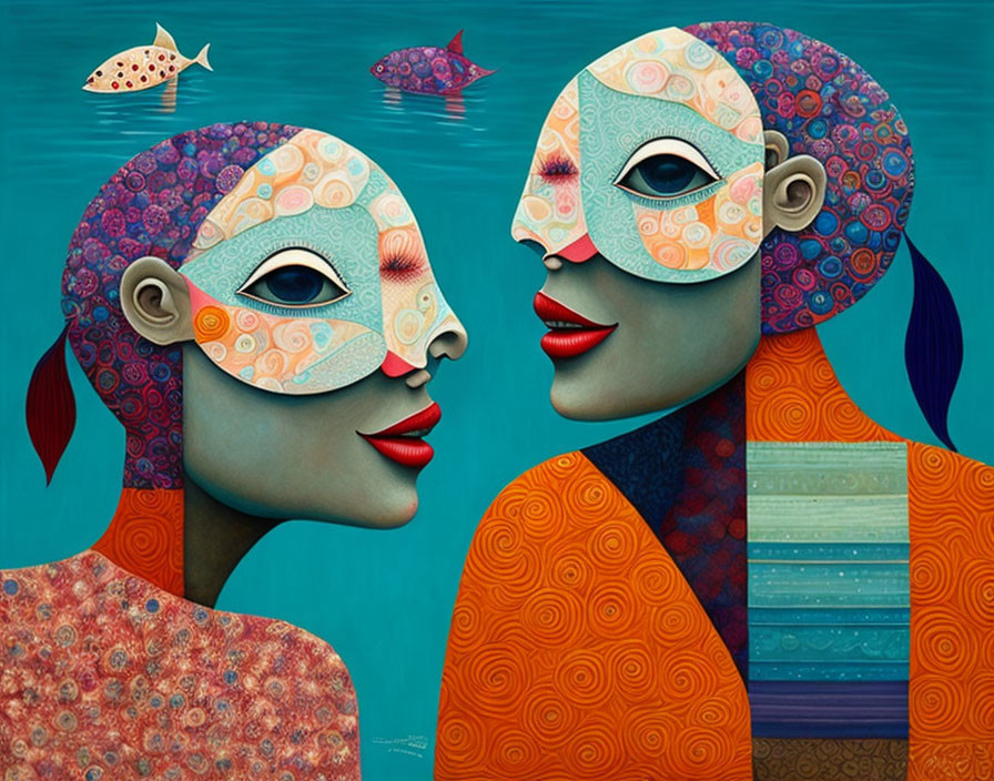 Colorful Stylized Profile Faces with Masks on Teal Background