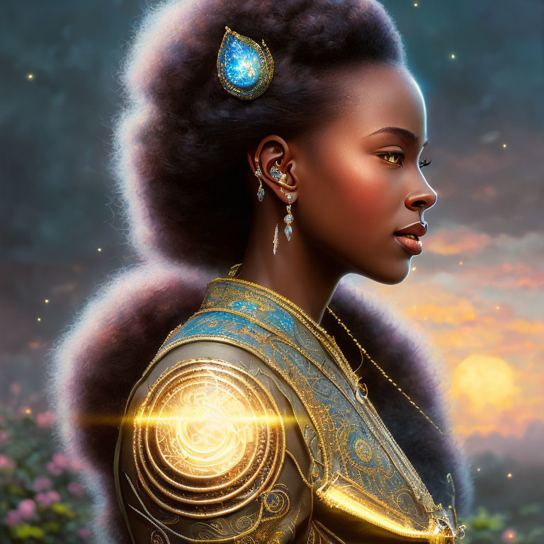 Digital art portrait of woman with golden jewelry, glowing attire, and unique hairstyle against sunset backdrop.