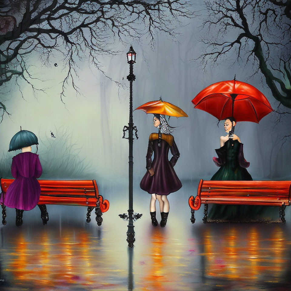 Three women with colorful umbrellas by benches on wet surface with forest backdrop