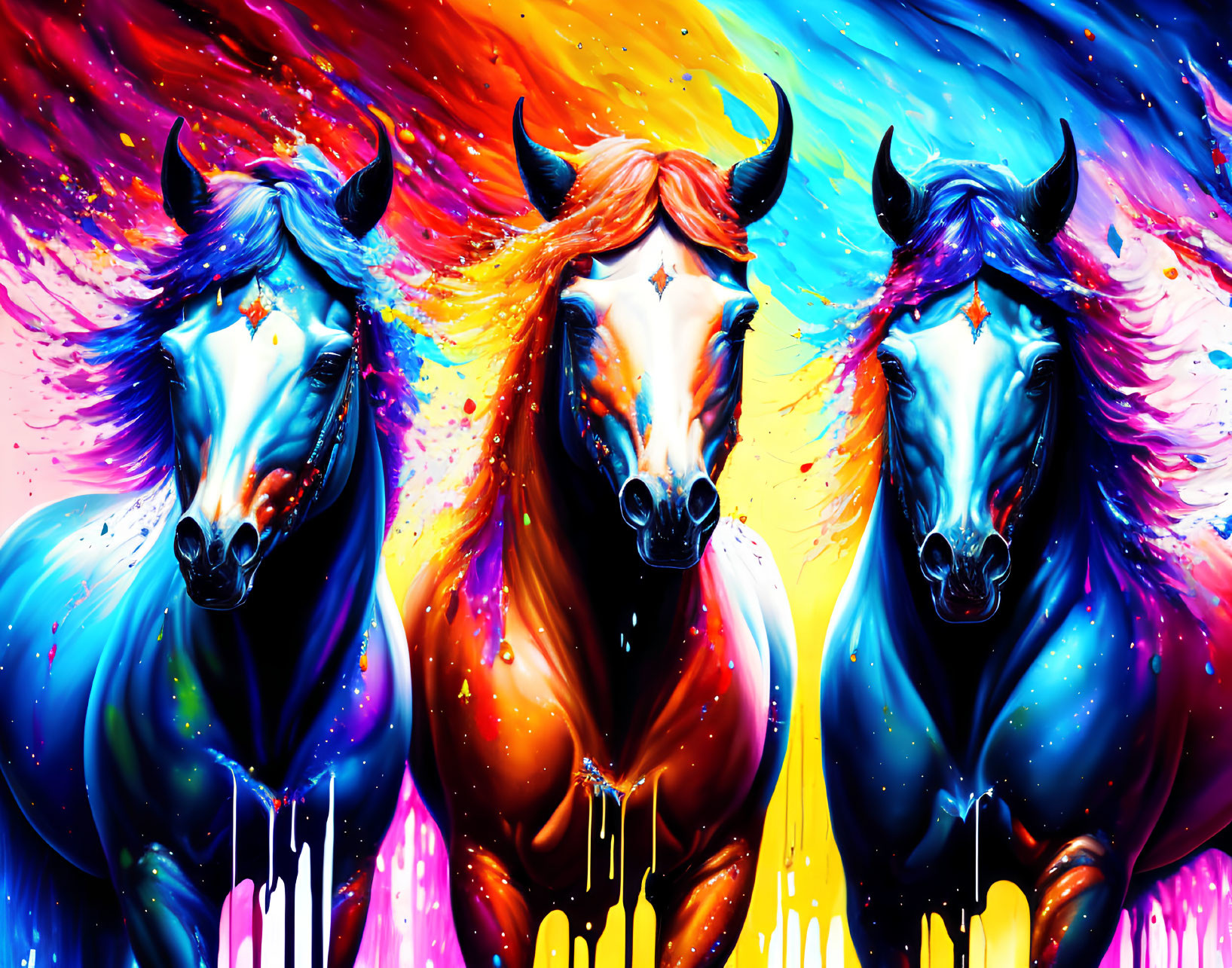 Colorful Horses in Psychedelic Cosmic Setting