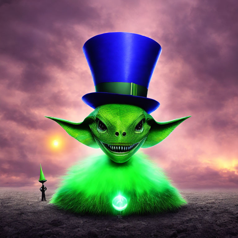 Giant green character with Yoda-like head in blue top hat on surreal landscape