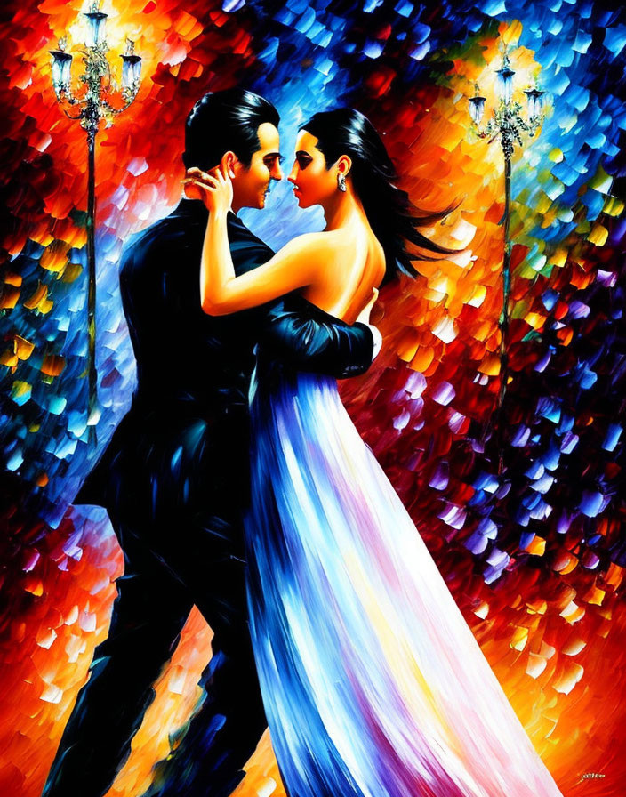 Intimate dance scene in vibrant painting with man in black suit and woman in blue dress