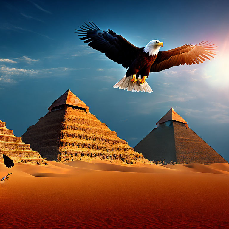 Eagle flying over sunlit Giza pyramids in clear desert sky