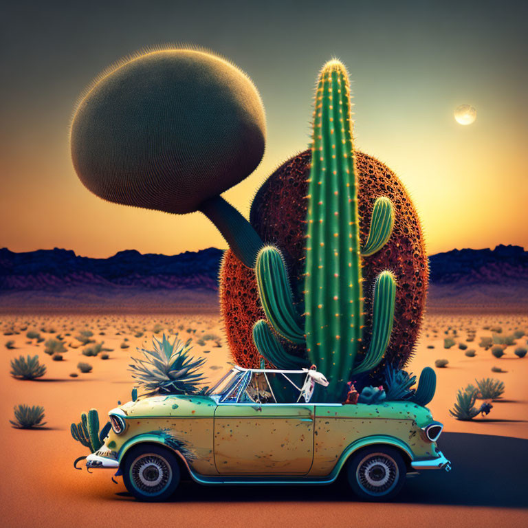 Vintage convertible car driving through desert with giant sombrero-wearing cactus