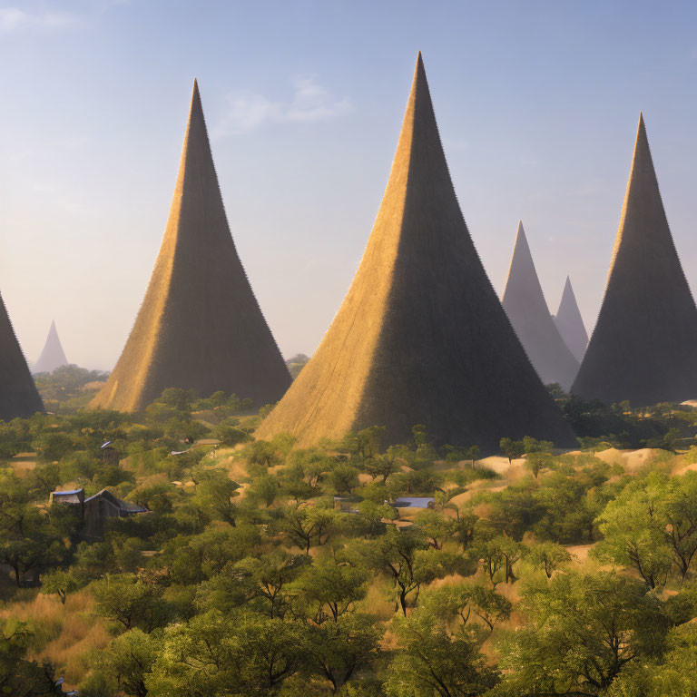 Cone-shaped Thatched-Roof Structures in African Landscape