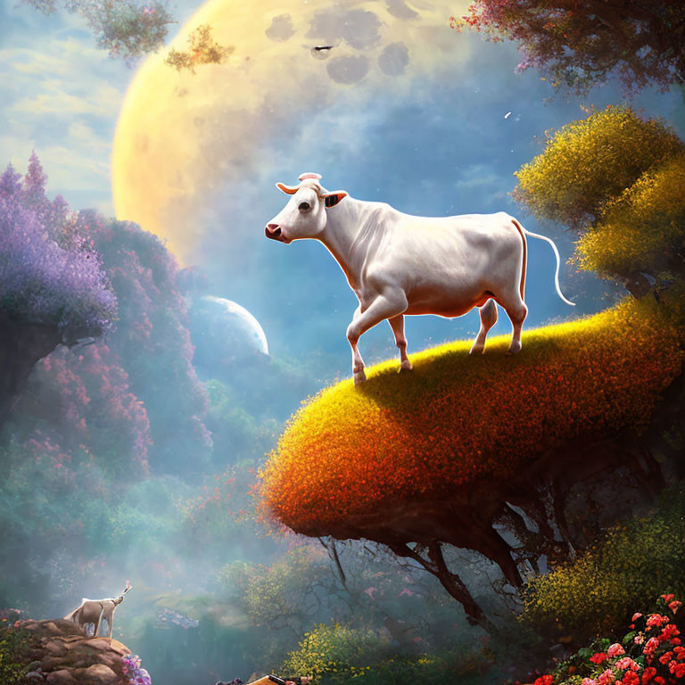 White cow and deer on floating island under moonlit sky