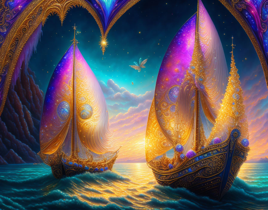 Fantasy-style ships with glowing sails on starlit sea and surreal islands