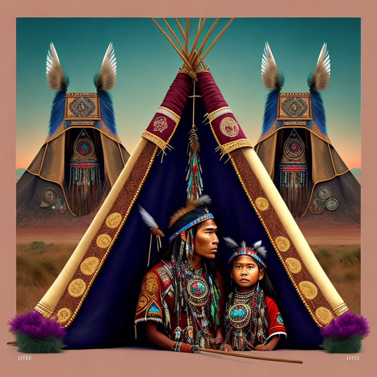 Digital artwork featuring two Native American figures in traditional attire by ornate teepees under twilight sky