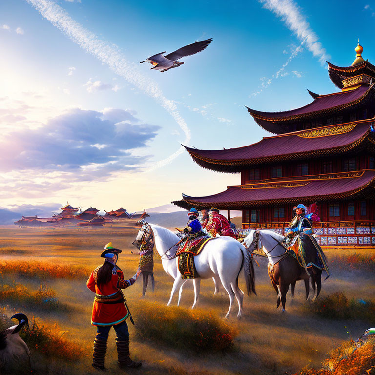 Asian architecture with tiered roofs & ornately dressed figures on horses under vast sky.