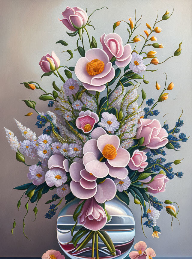 Colorful Floral Arrangement with Pink, White, and Yellow Flowers in Striped Vase