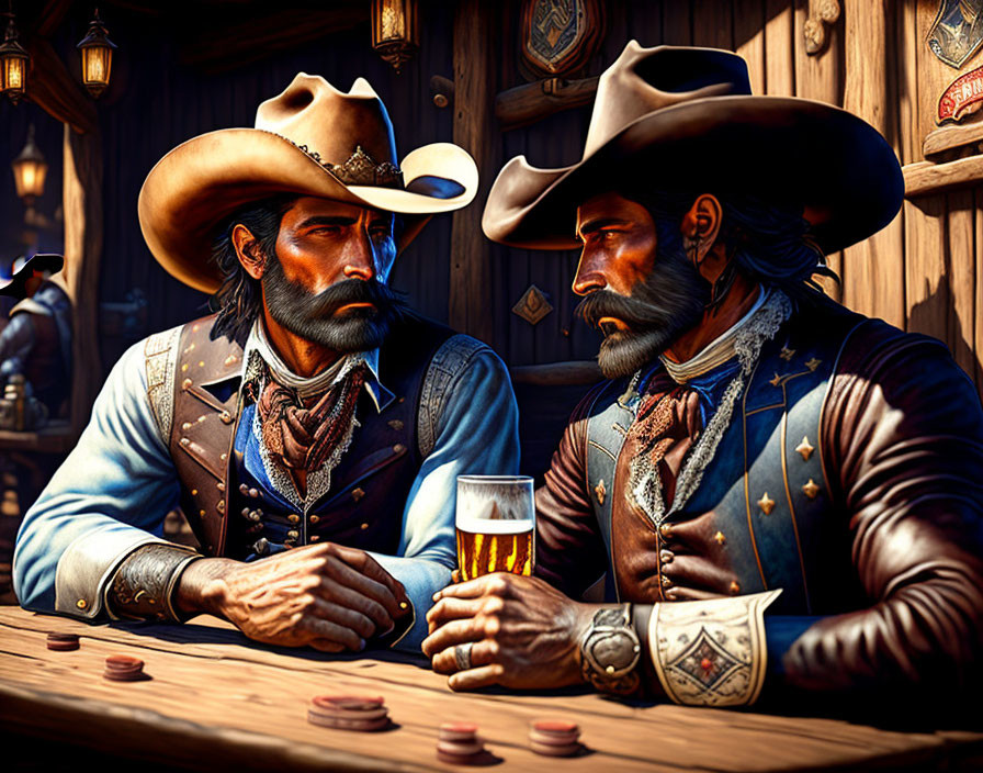 Animated cowboys in a bar with beer and poker chips