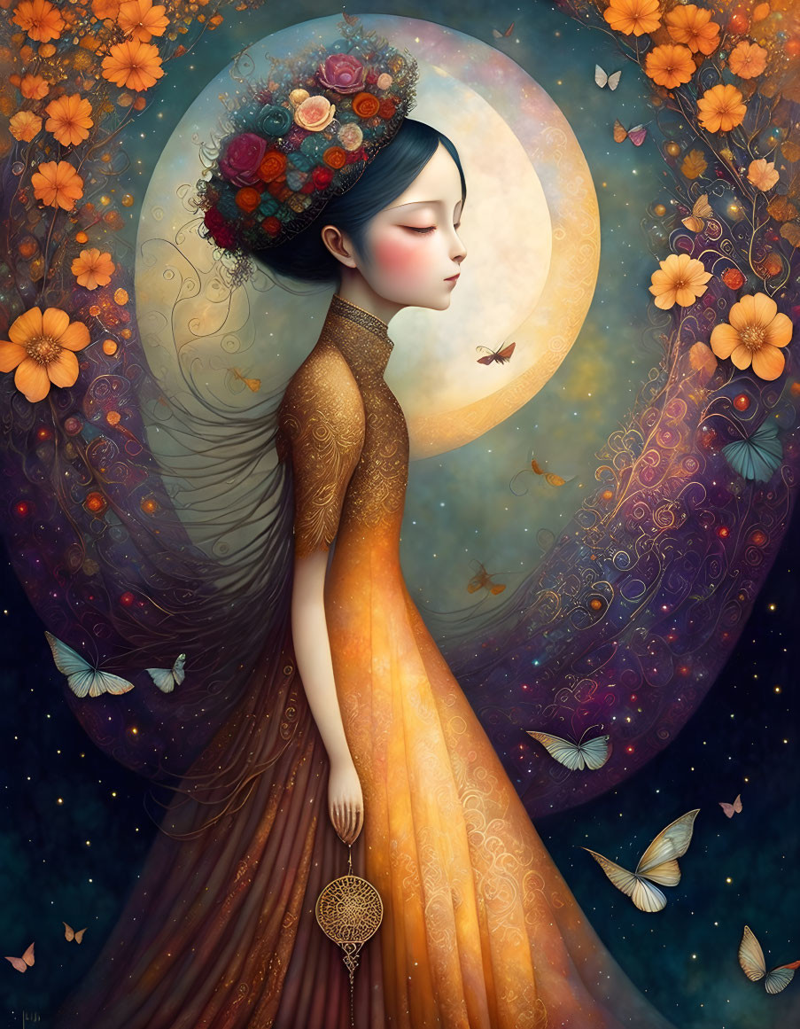 Woman with floral headdress in moonlit scene with butterflies and orange dress