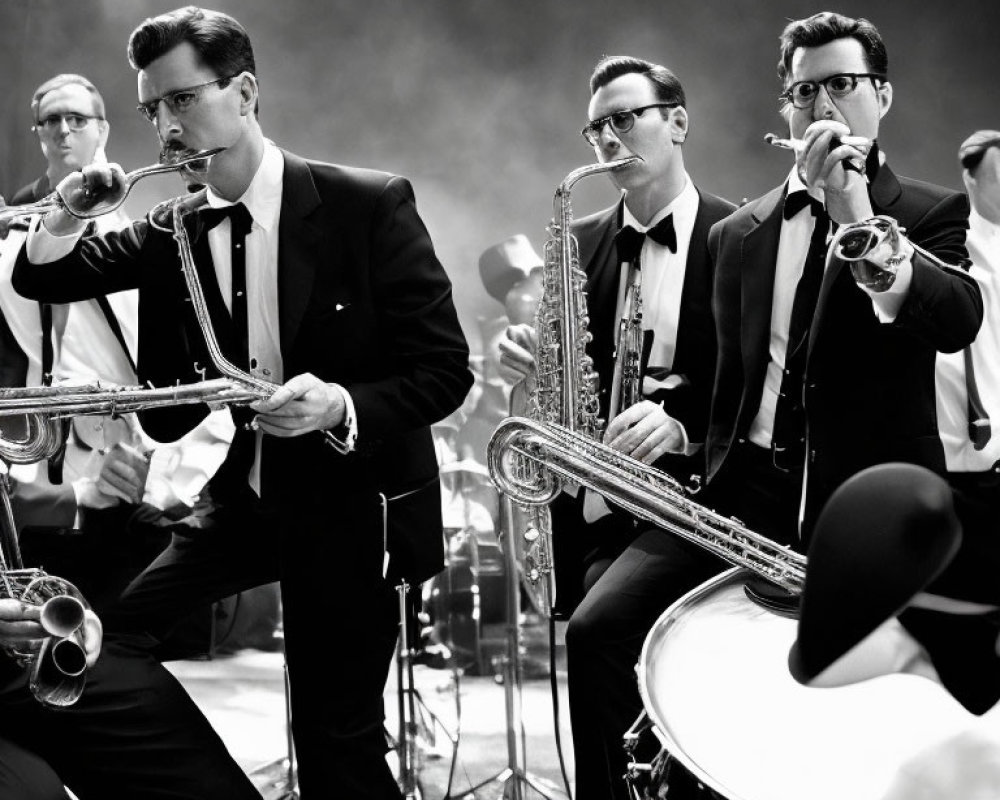 Monochrome photo of energetic jazz band with saxophonists in foreground